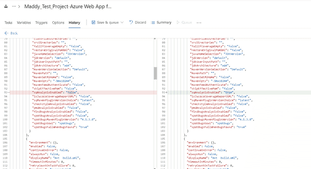 side by side comparison of yaml pipeline history